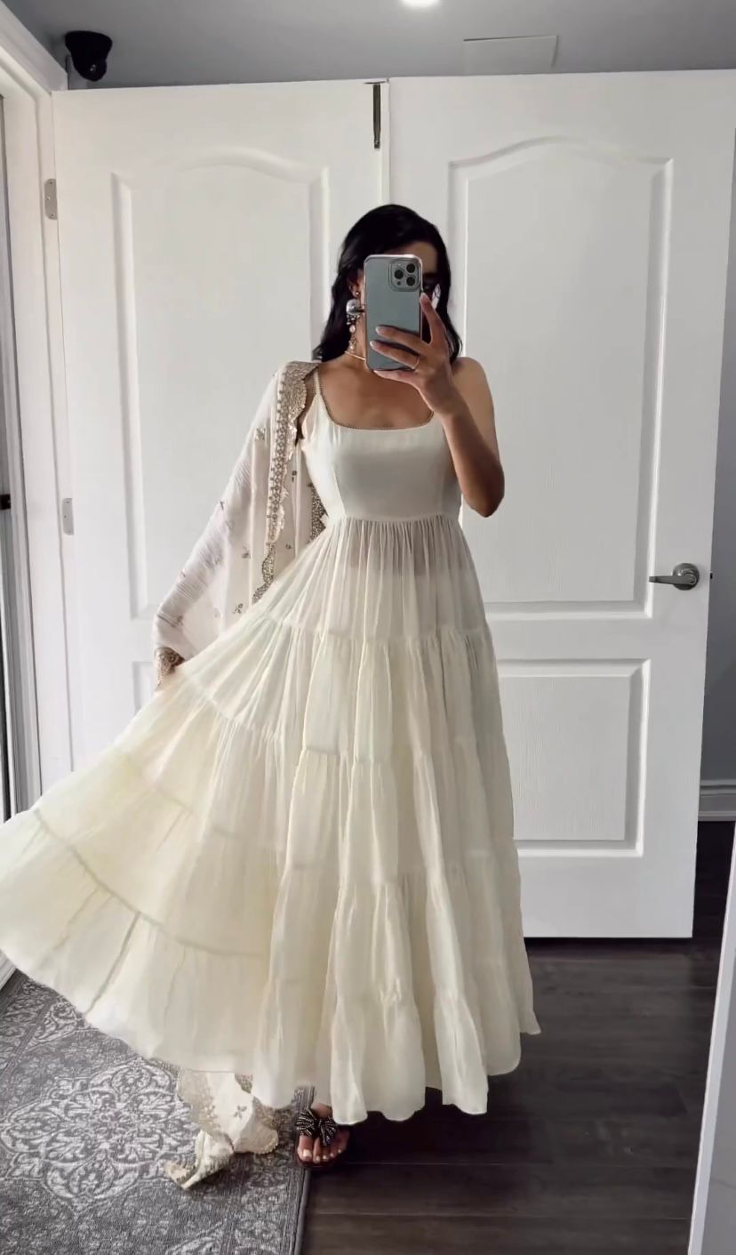 Beautiful White Color Ruffle Flair Anarkali Gown