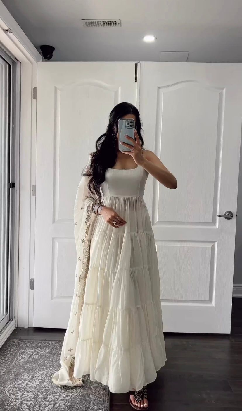 Beautiful White Color Ruffle Flair Anarkali Gown