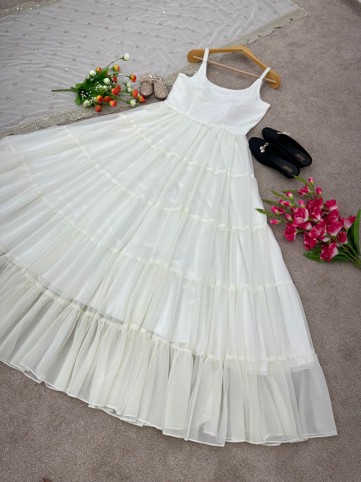 Beautiful White Color Ruffle Flair Anarkali Gown