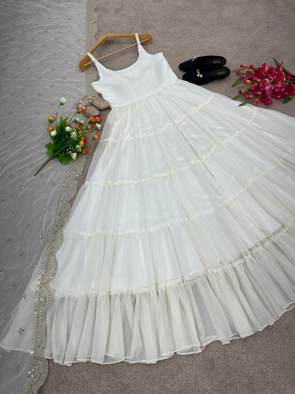 Beautiful White Color Ruffle Flair Anarkali Gown