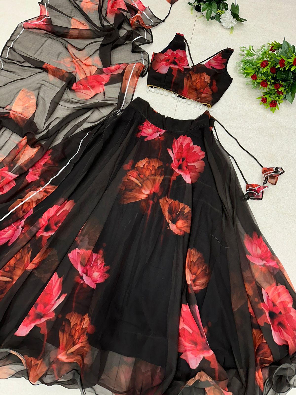 Black Color With Red Flower Digital Print Lehenga Choli