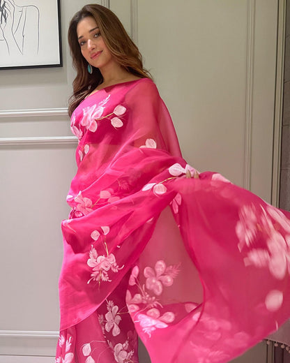 Celebrity Style Flower With Foil Work Pink Color Saree