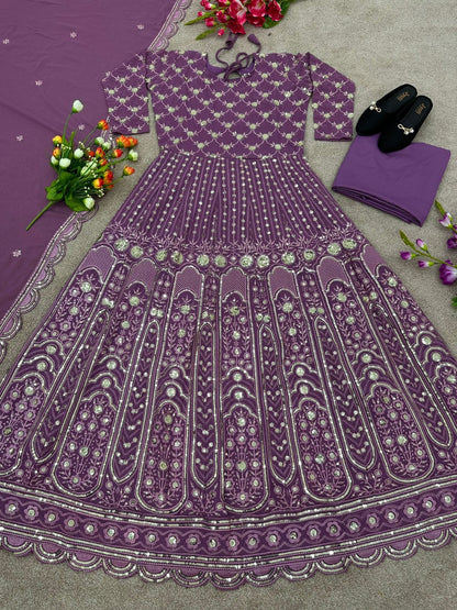 Unique Purple Color Sequence Work Anarkali Gown