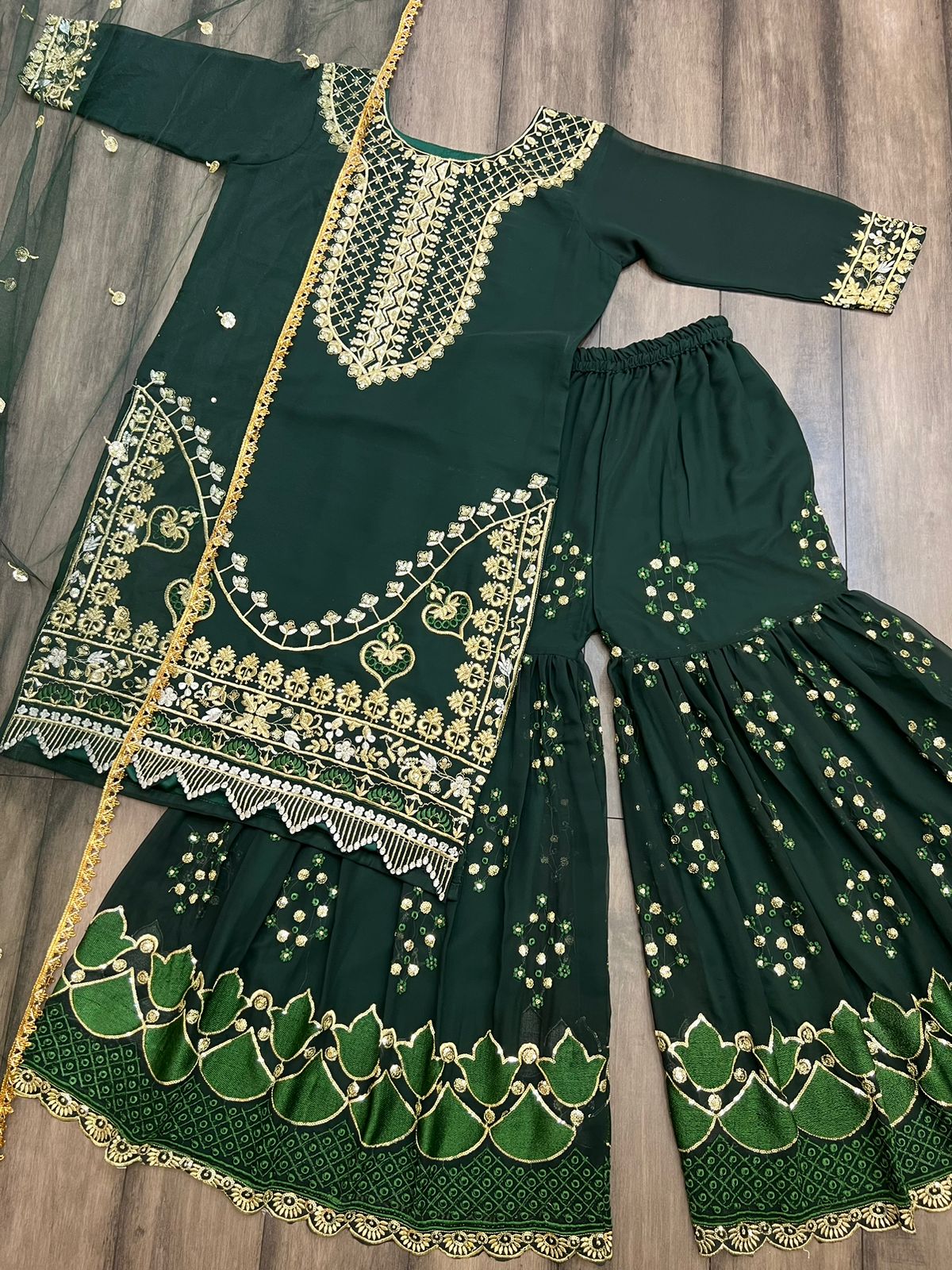 Stylish Sequence Work Dark Green Color Sharara Suit