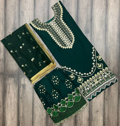 Stylish Sequence Work Dark Green Color Sharara Suit