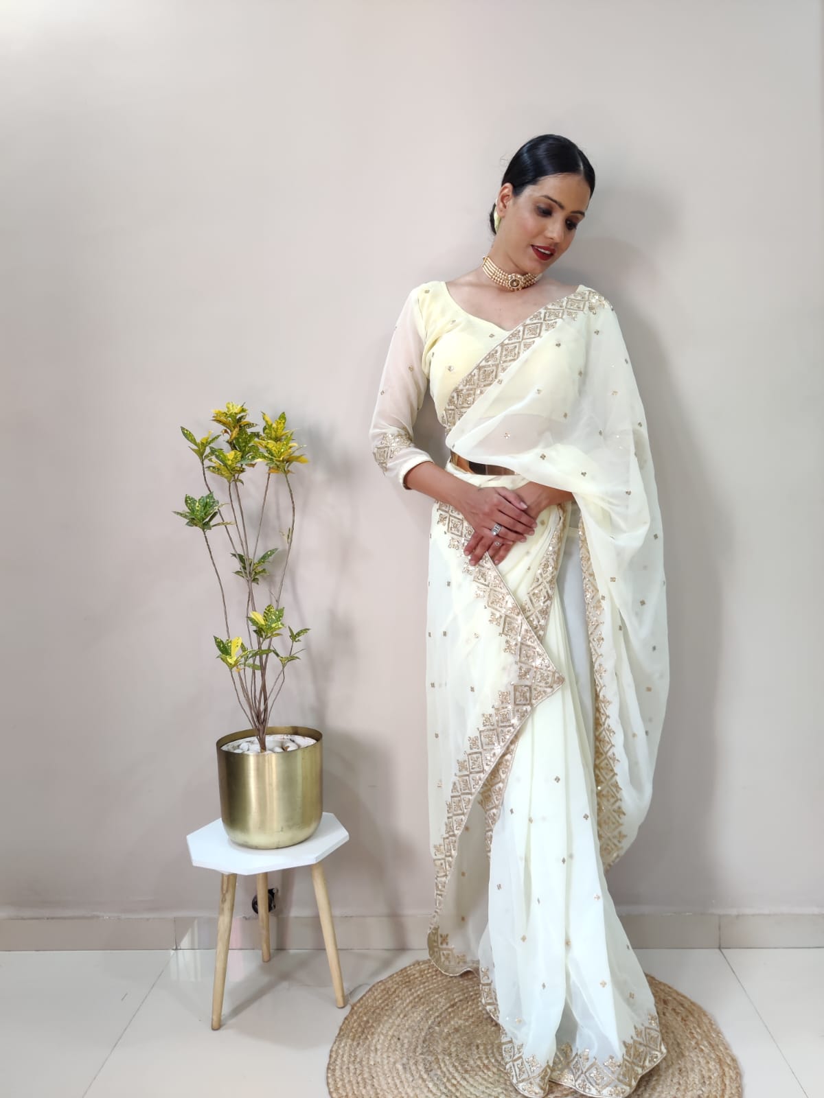 White Color Multi And Sequins Work Ready To Wear Saree