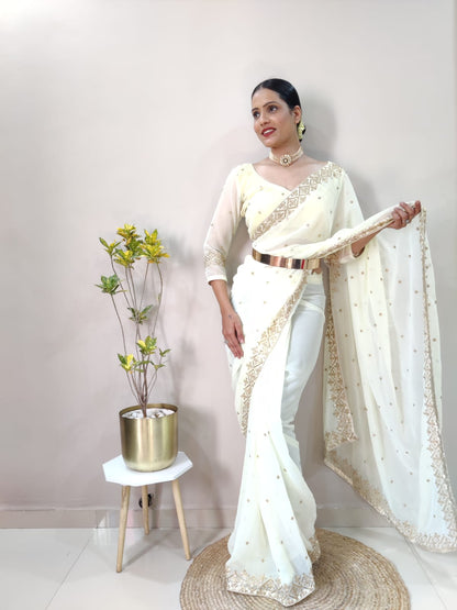 White Color Multi And Sequins Work Ready To Wear Saree