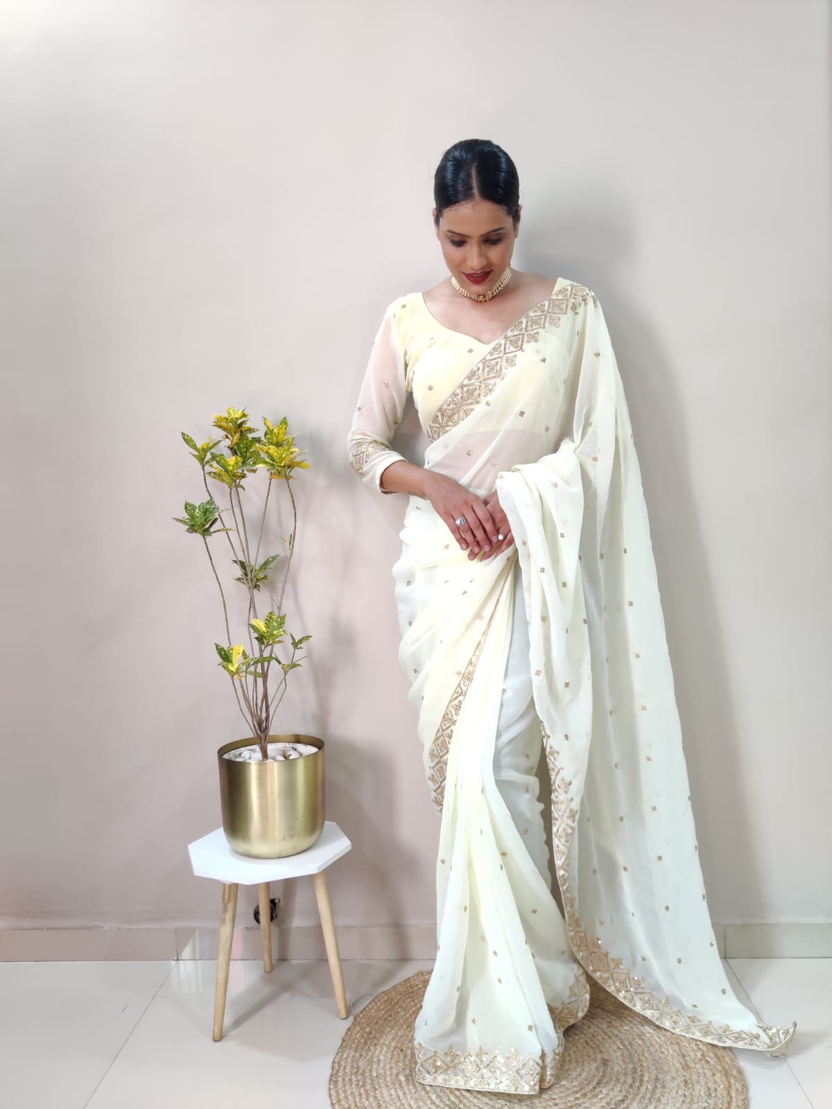 White Color Multi And Sequins Work Ready To Wear Saree