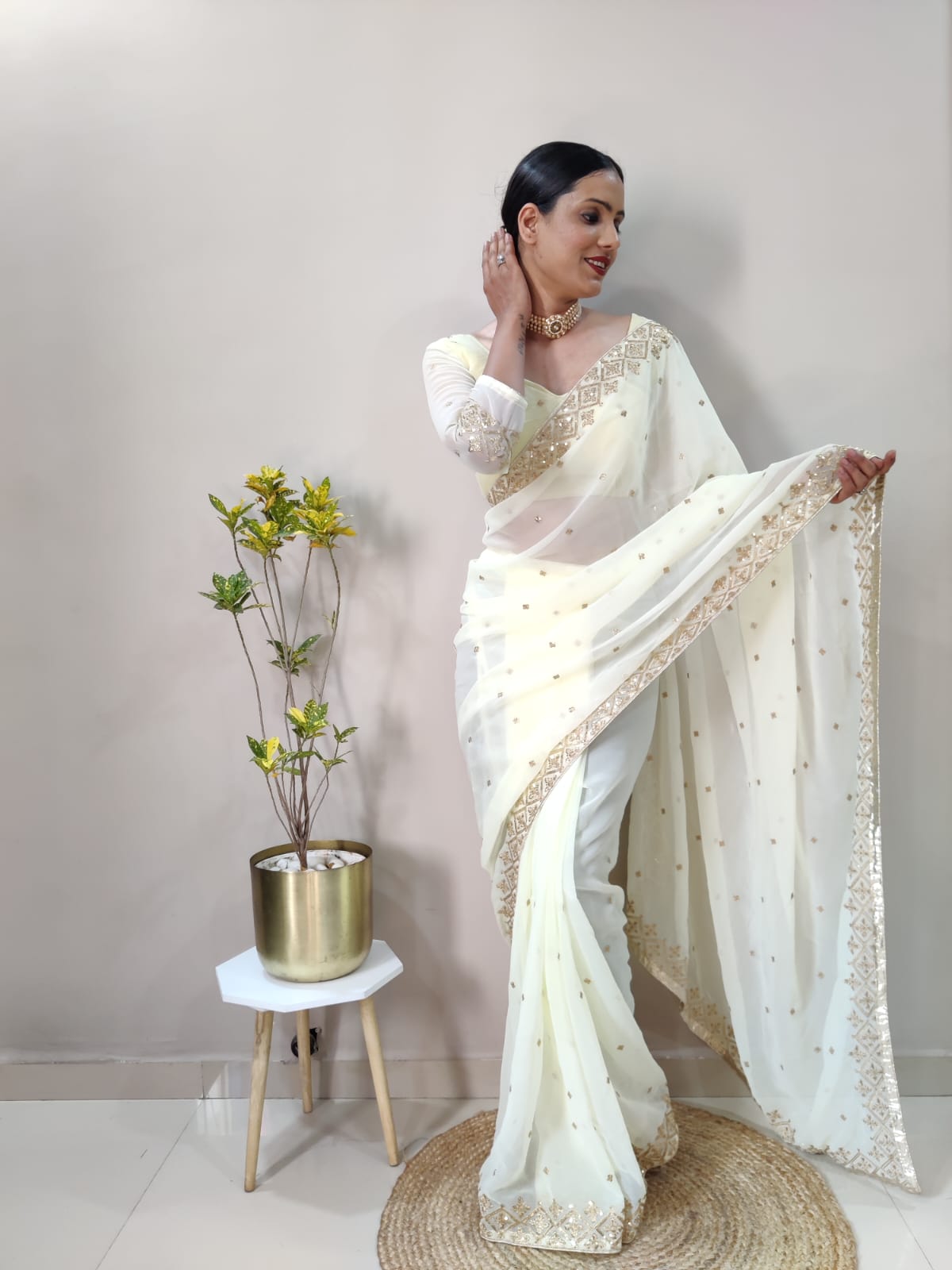 White Color Multi And Sequins Work Ready To Wear Saree