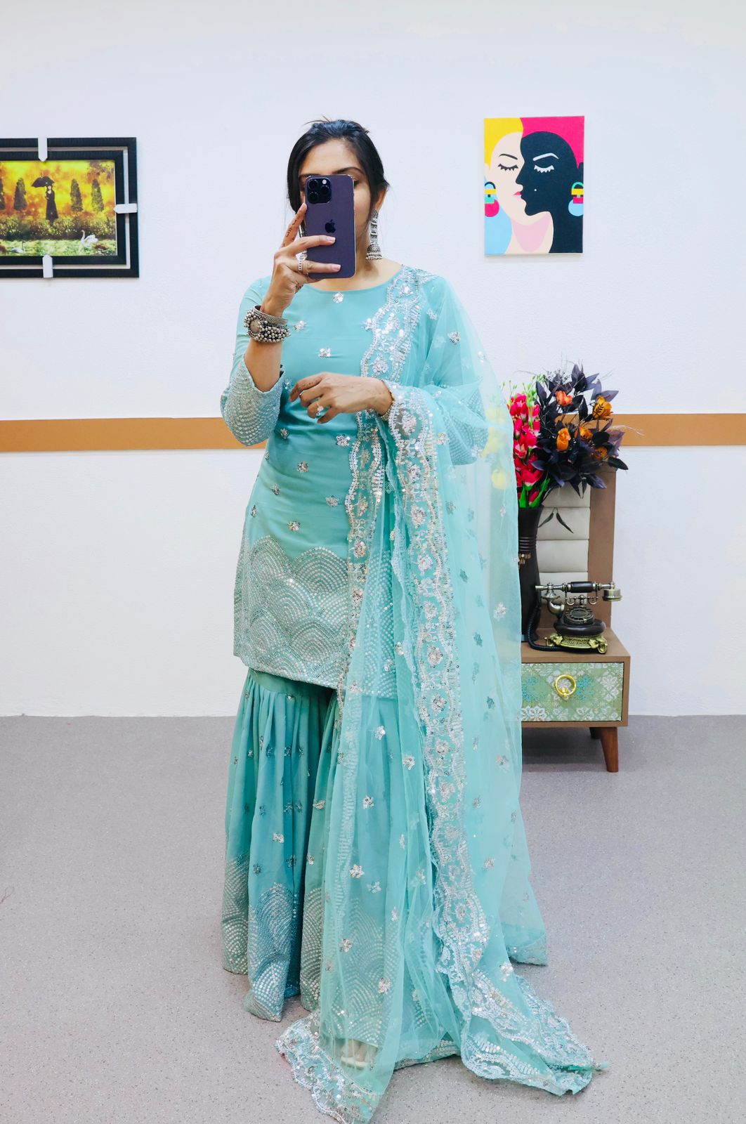 Aqua Green Color Sequence Work Pretty Sharara Suit