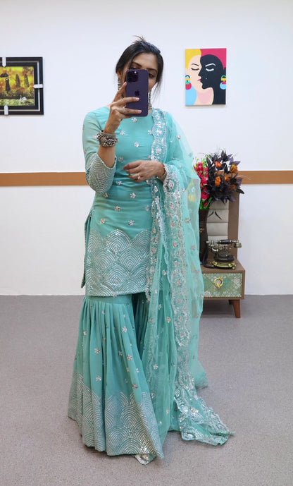 Aqua Green Color Sequence Work Pretty Sharara Suit