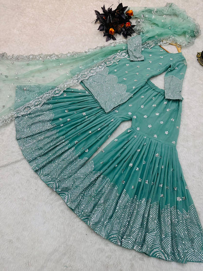 Aqua Green Color Sequence Work Pretty Sharara Suit