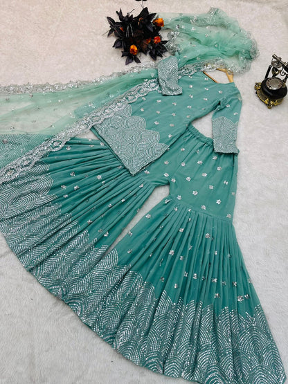 Aqua Green Color Sequence Work Pretty Sharara Suit