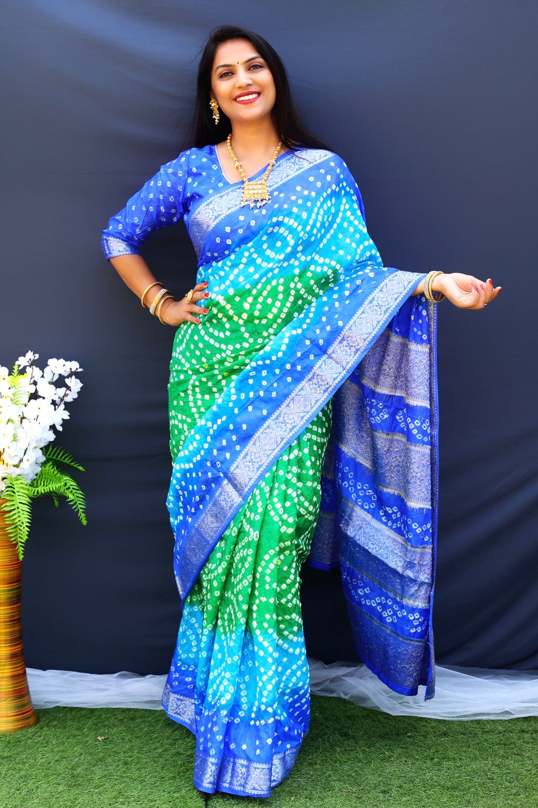 Bandhej Silk Silver Zari Weaving Border Blue Color Saree