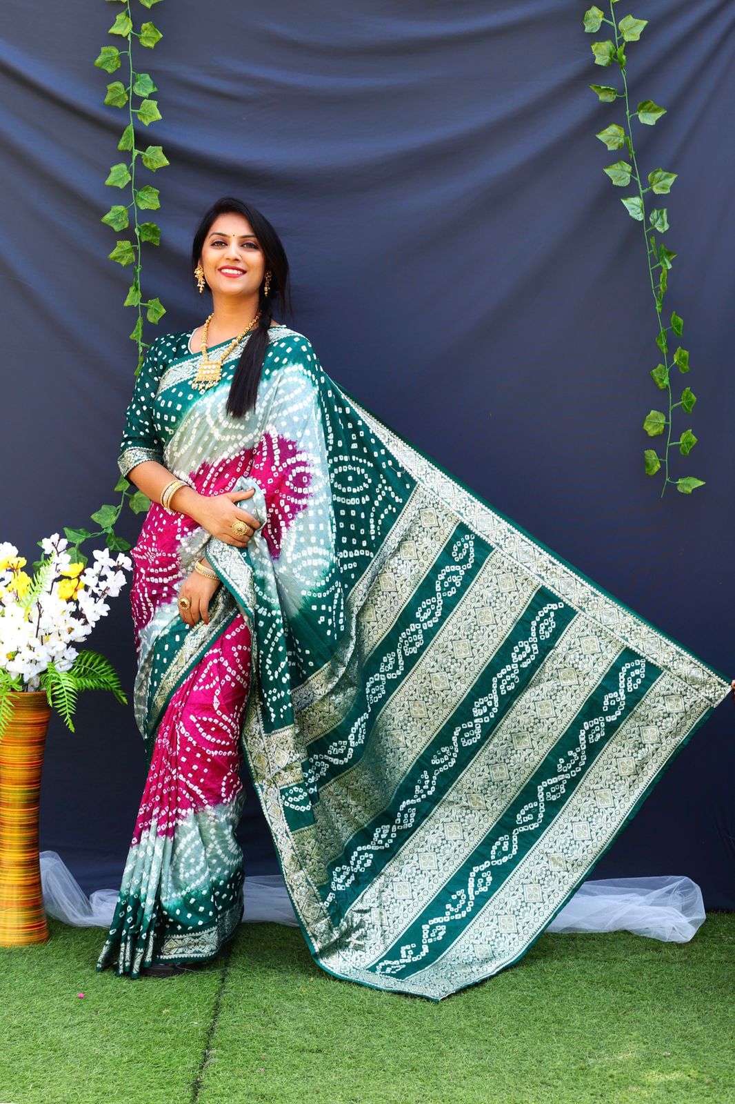 Bandhej Silk Silver Zari Weaving Border Dark Green Color Saree