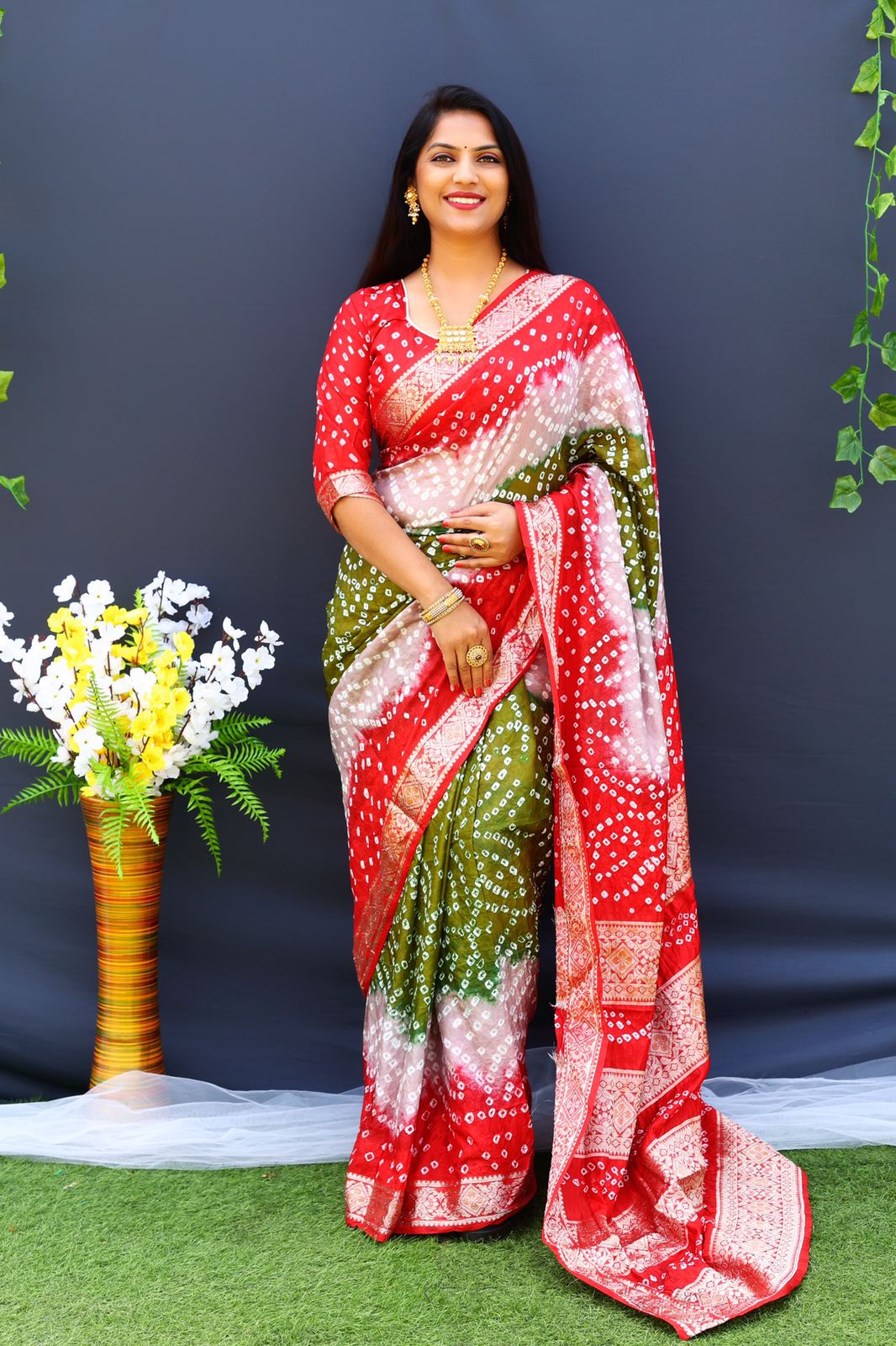 Bandhej Silk Silver Zari Weaving Border Red Color Saree