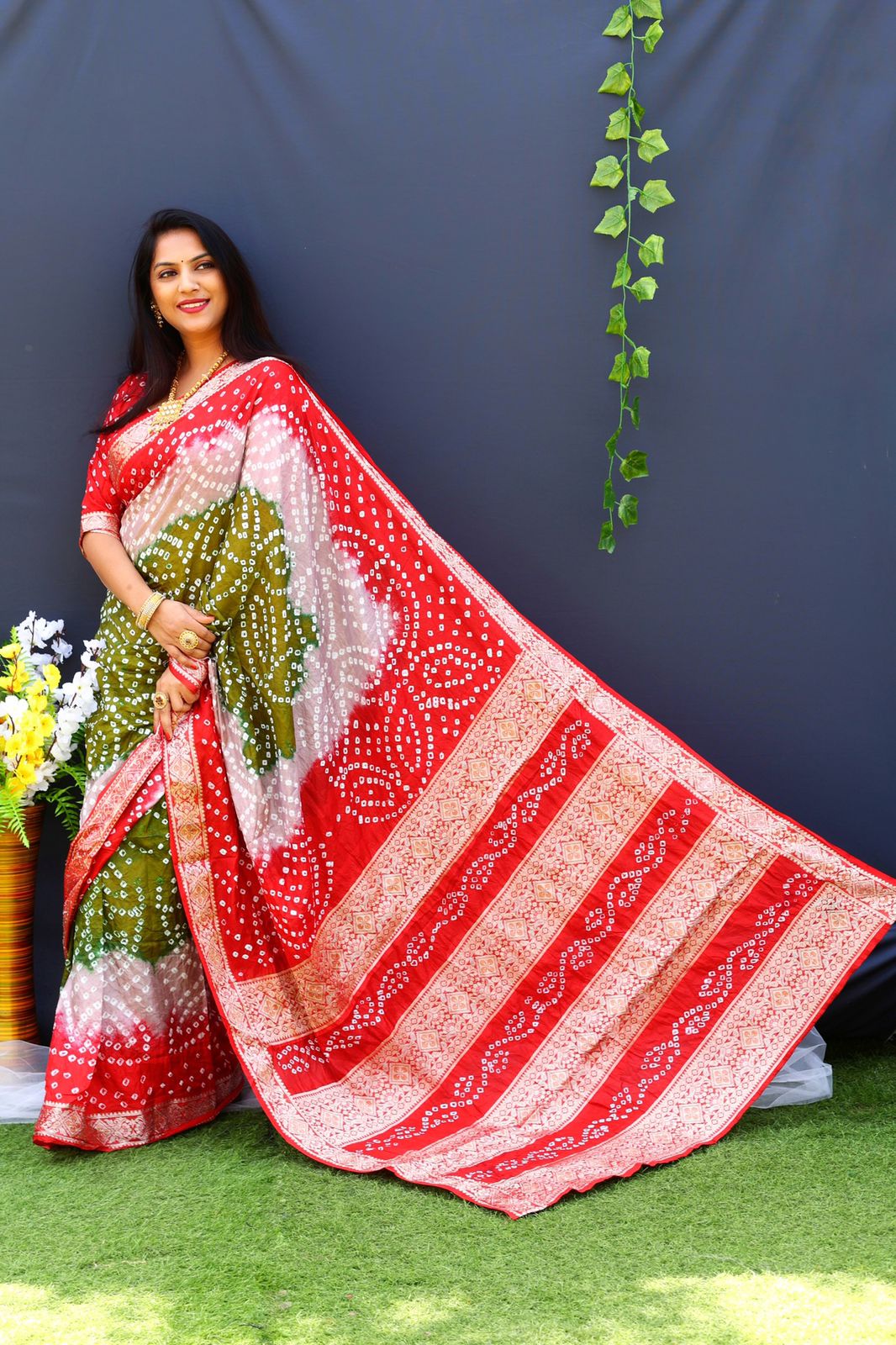 Bandhej Silk Silver Zari Weaving Border Red Color Saree