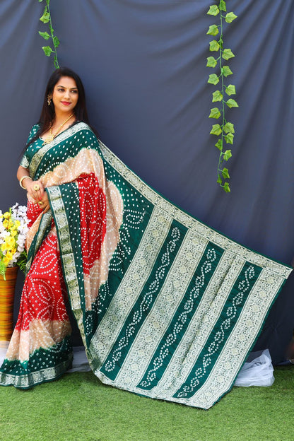 Bandhej Silk Silver Zari Weaving Border Green And Red Color Saree