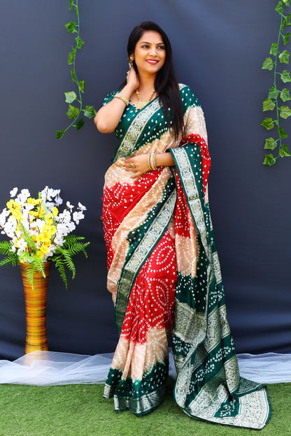 Bandhej Silk Silver Zari Weaving Border Green And Red Color Saree