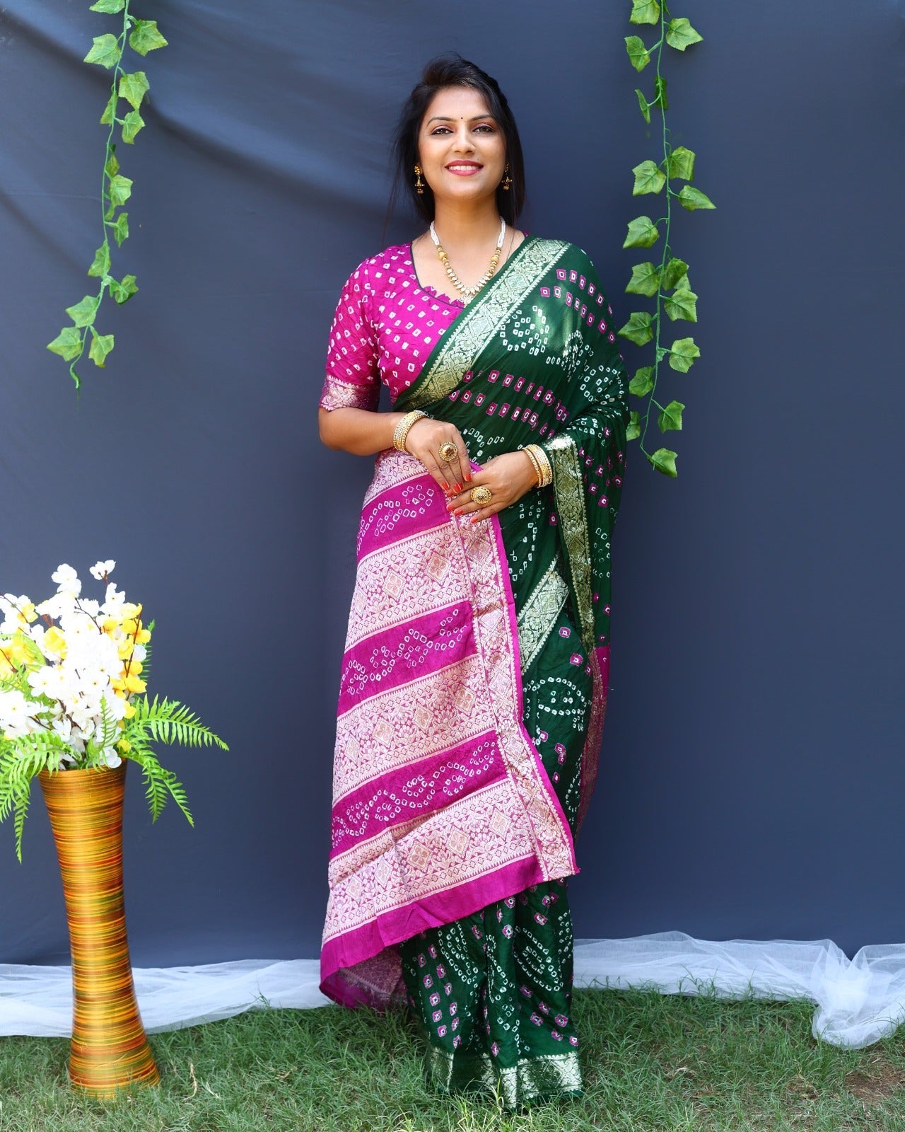 Bandhej Silk Silver Zari Weaving Border Green And Pink Color Saree