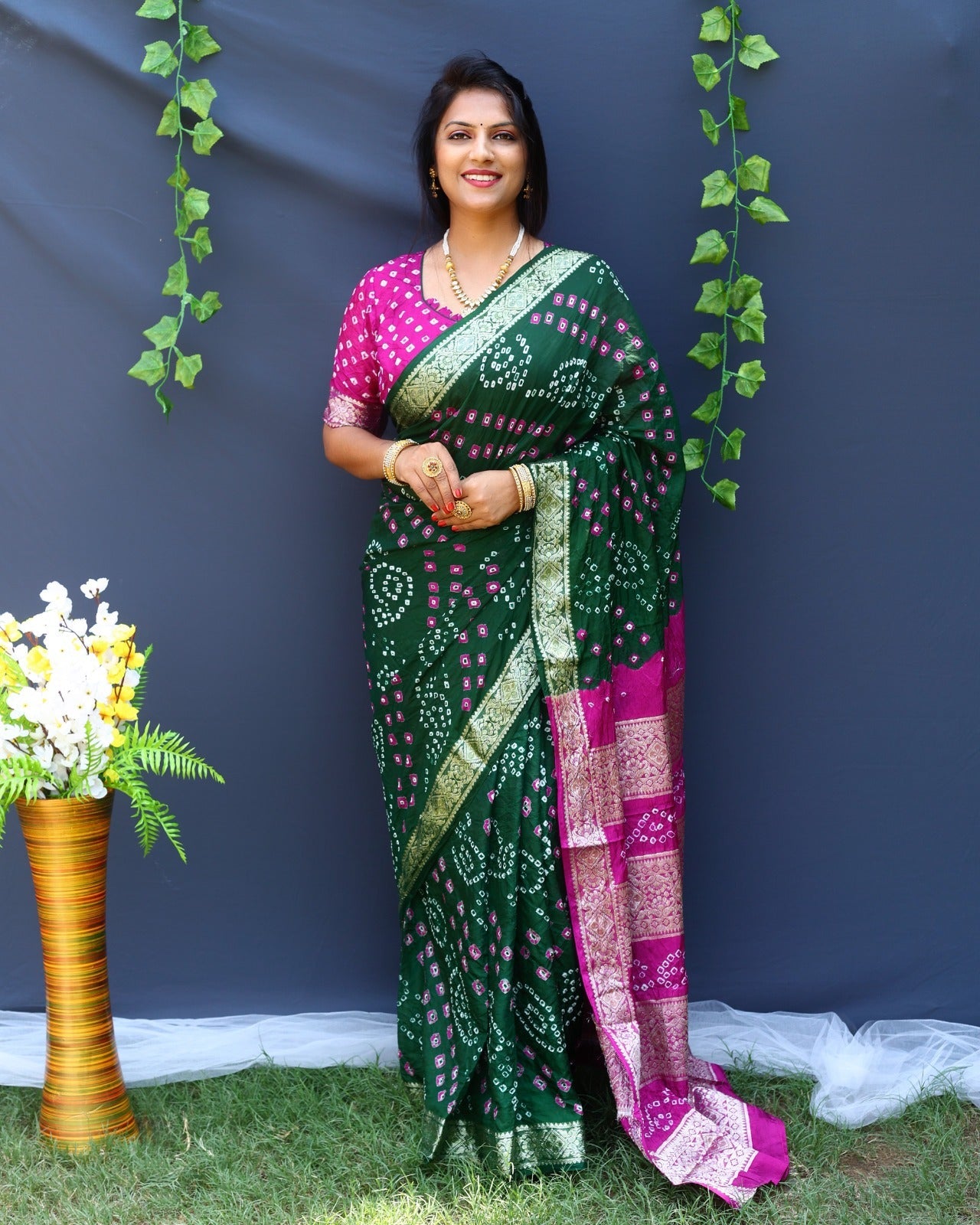 Bandhej Silk Silver Zari Weaving Border Green And Pink Color Saree