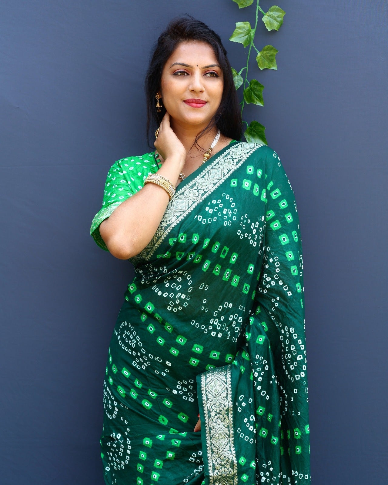 Bandhej Silk Silver Zari Weaving Border Green And Parrot Green Color Saree