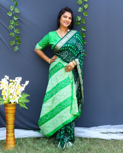 Bandhej Silk Silver Zari Weaving Border Green And Parrot Green Color Saree