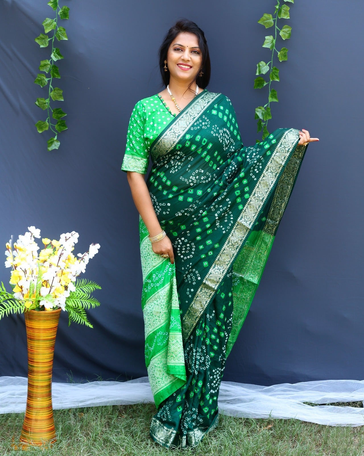 Bandhej Silk Silver Zari Weaving Border Green And Parrot Green Color Saree