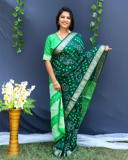 Bandhej Silk Silver Zari Weaving Border Green And Parrot Green Color Saree