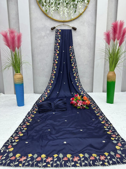 Fashionable Sequence Work Navy Blue Color Saree