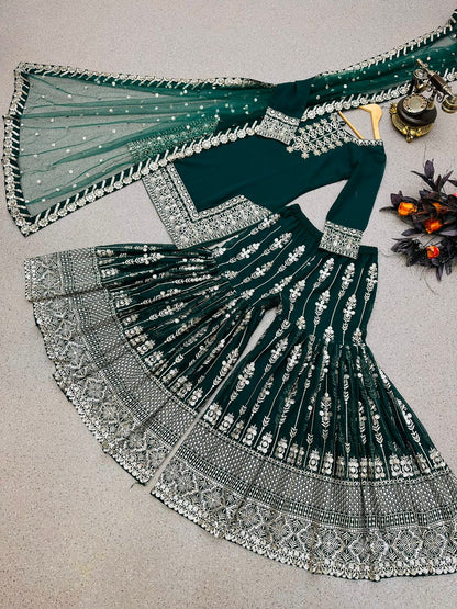 Sequence Work Dark Green Color Sharara Suit