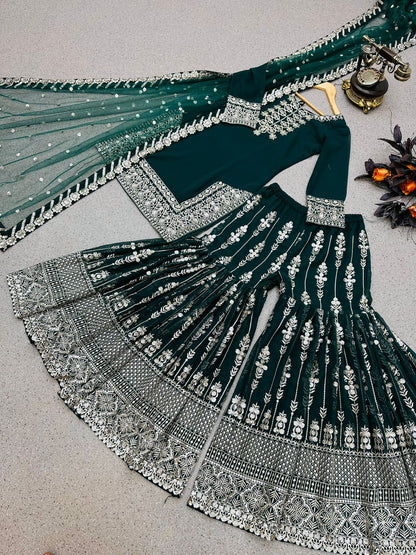 Sequence Work Dark Green Color Sharara Suit