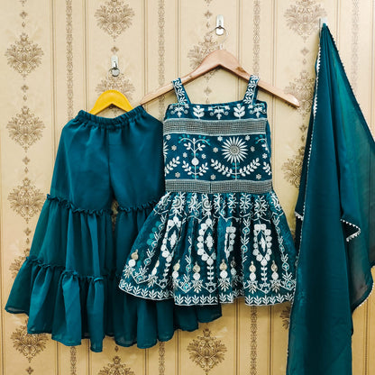 Festive Wear Teal Blue Color Kid's Top With Sharara