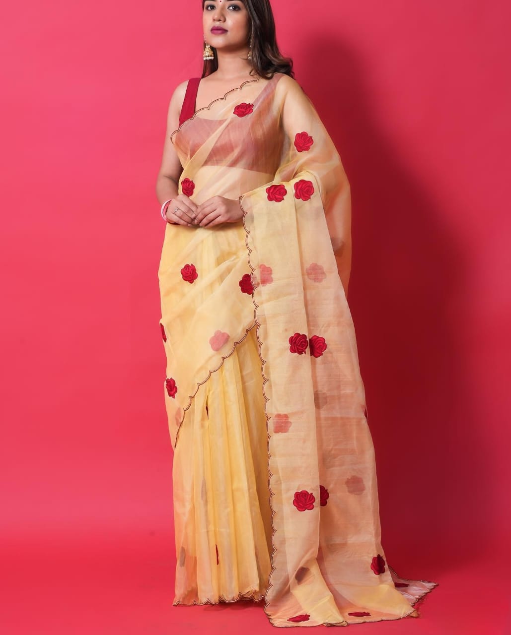 Festive Wear Embroidery Work Yellow Color Saree