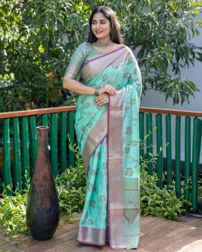 Gold Zari Patti Pattern Aqua Green Color Banarasi Saree