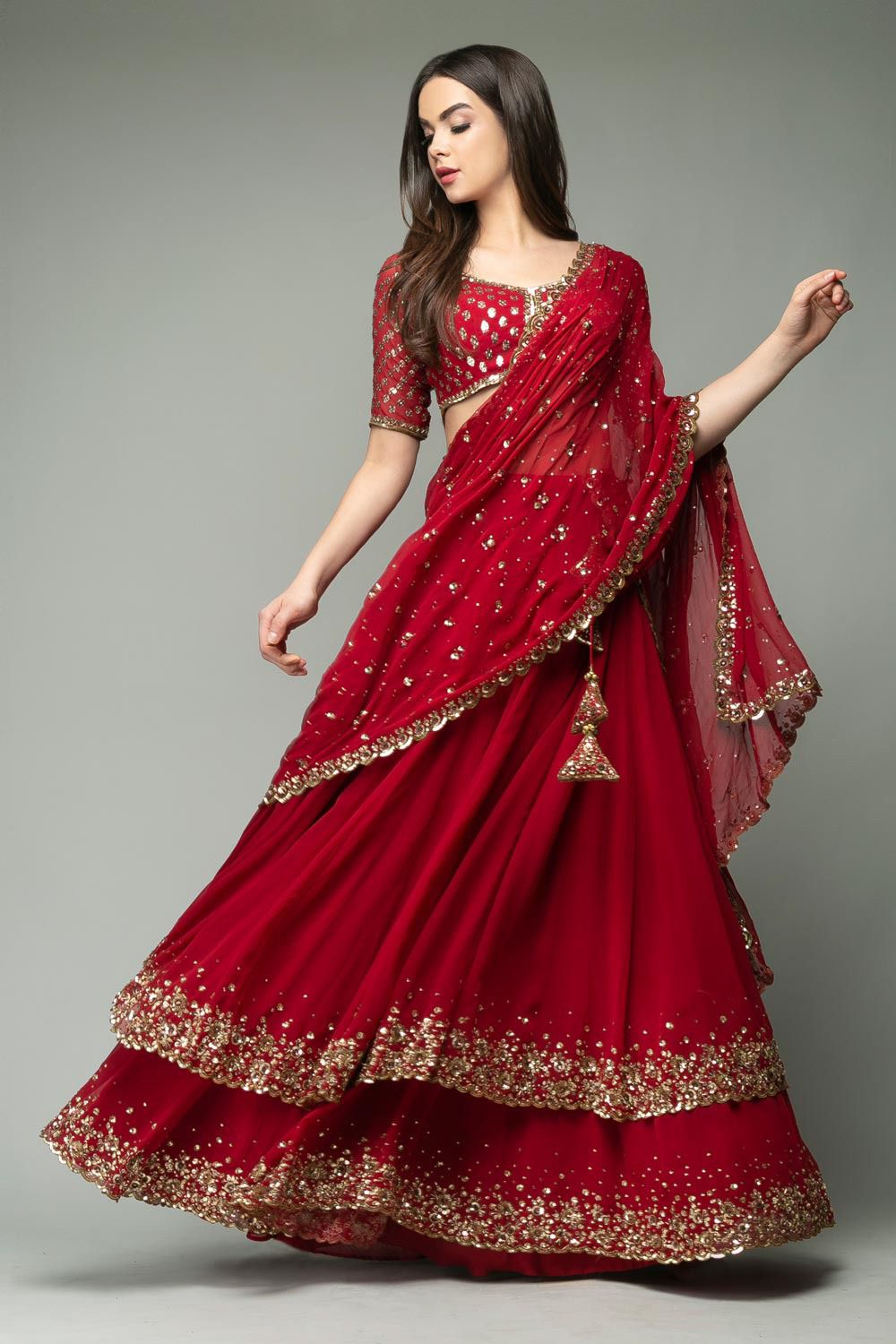 Engagement Wear Red Color Two Layer Lehenga Choli