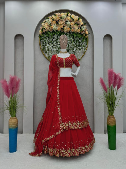 Engagement Wear Red Color Two Layer Lehenga Choli