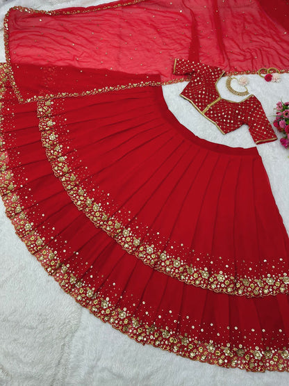 Engagement Wear Red Color Two Layer Lehenga Choli