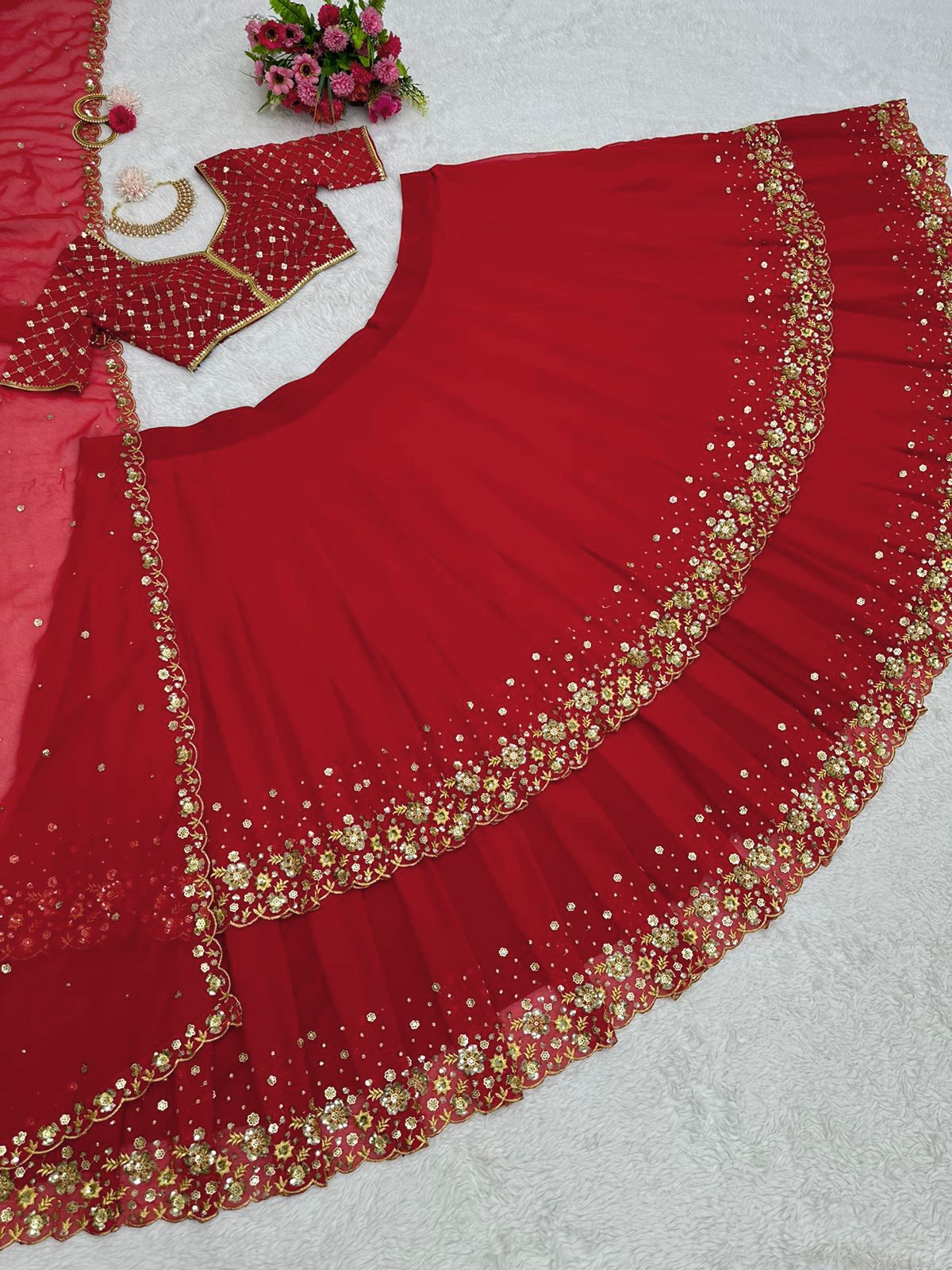 Engagement Wear Red Color Two Layer Lehenga Choli