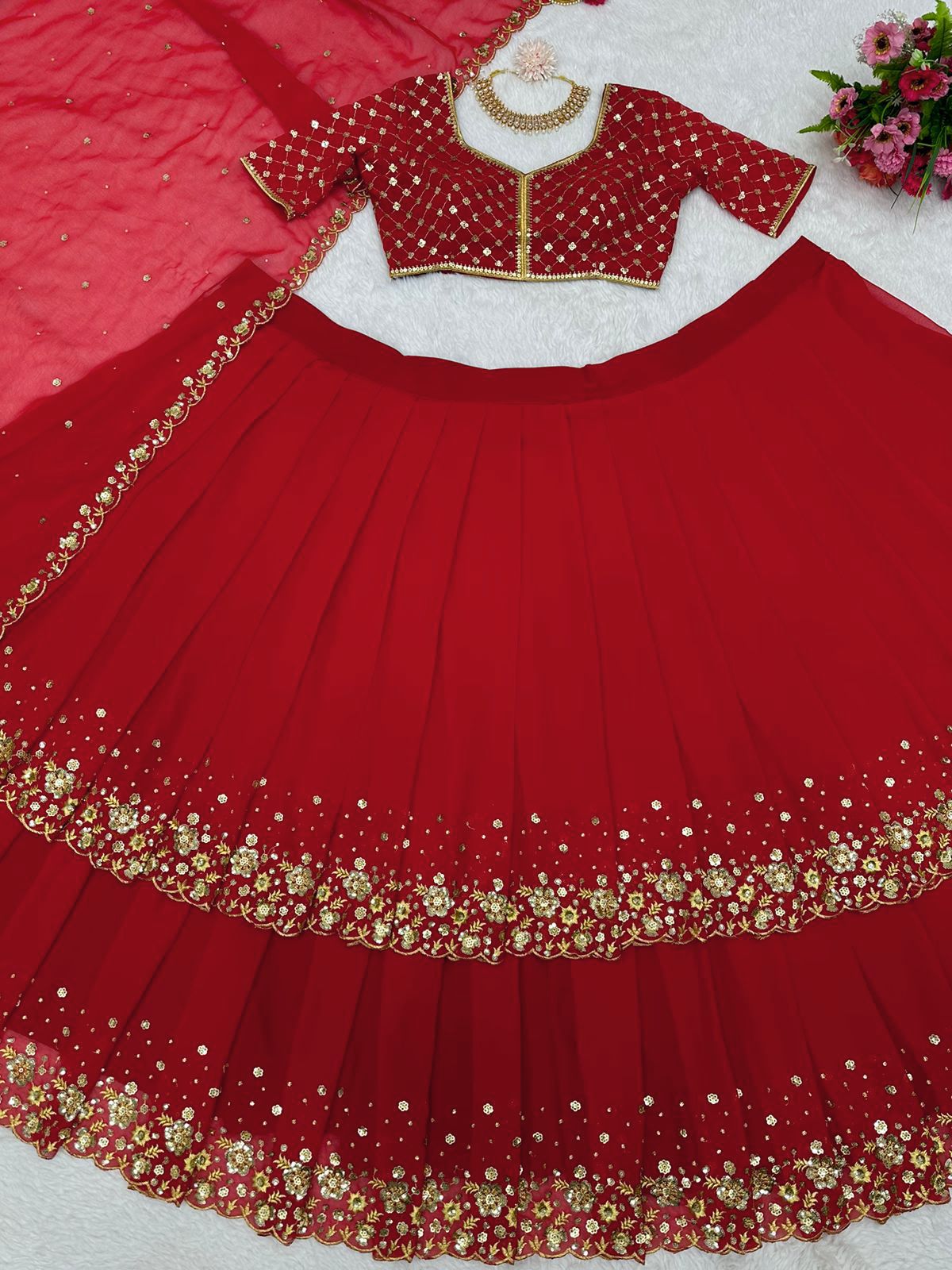 Engagement Wear Red Color Two Layer Lehenga Choli