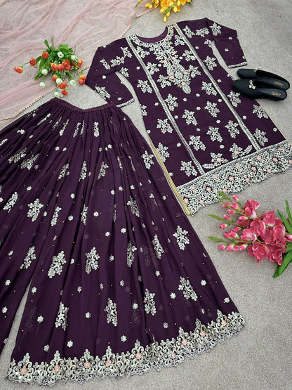 Superhit Sequence Work Wine Color Sharara Suit