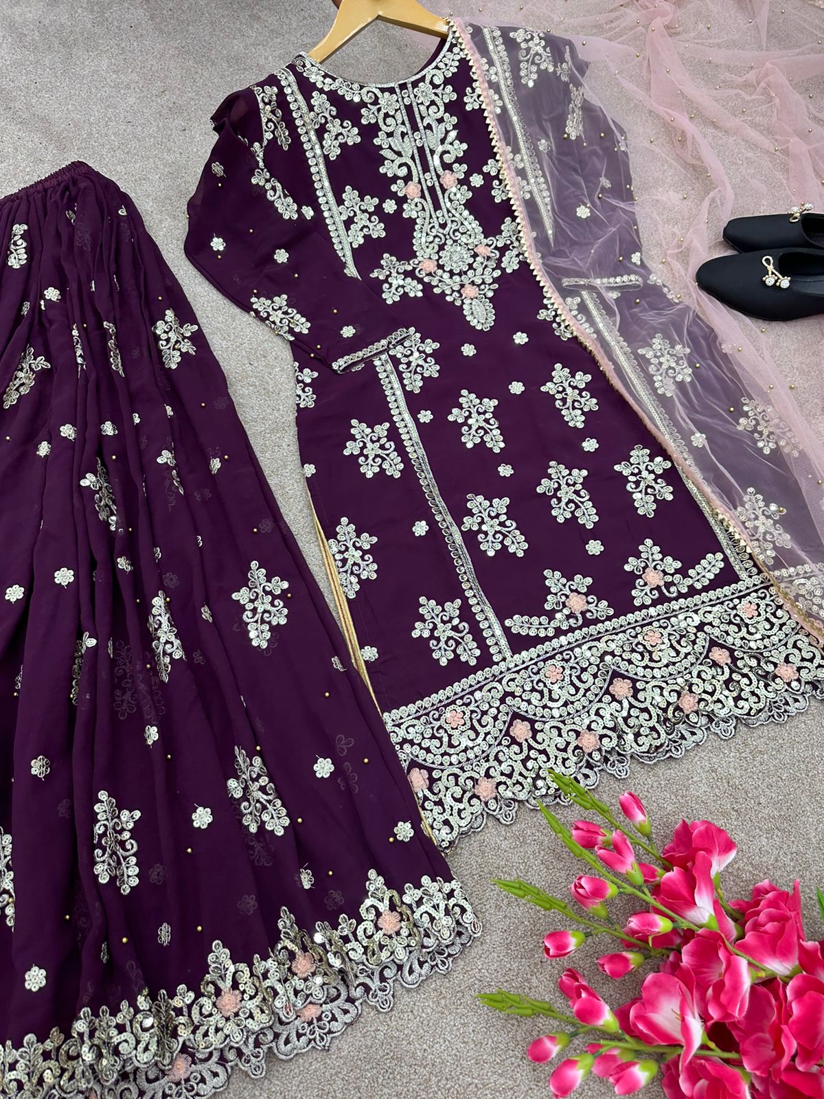 Superhit Sequence Work Wine Color Sharara Suit