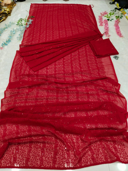 Stylish Red Color Chikankari Work Ready To Wear Saree