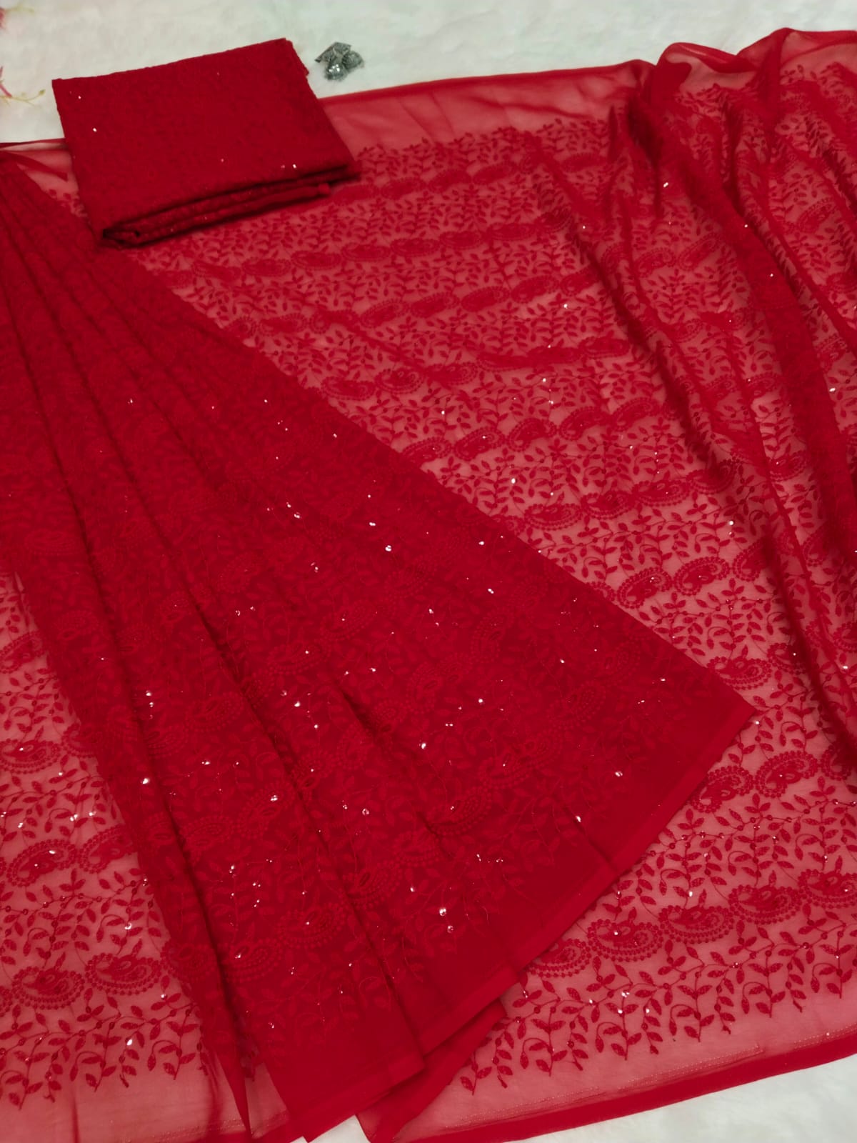 Stylish Red Color Chikankari Work Ready To Wear Saree