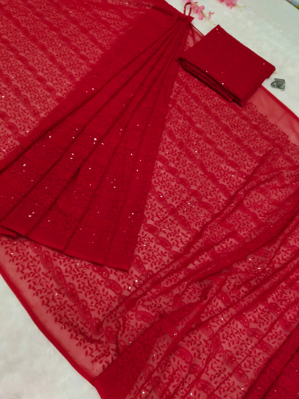 Stylish Red Color Chikankari Work Ready To Wear Saree