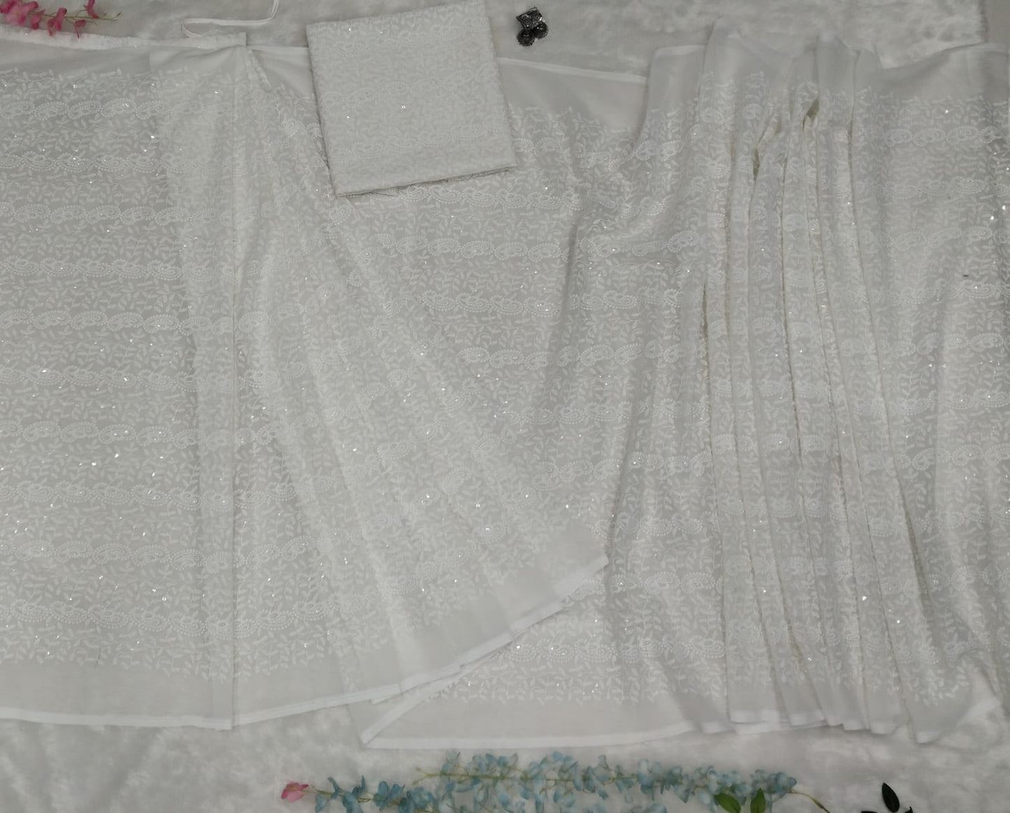 Stylish White Color Chikankari Work Ready To Wear Saree