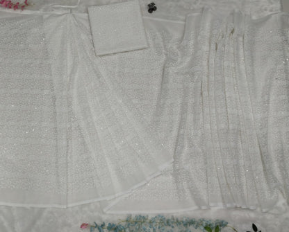 Stylish White Color Chikankari Work Ready To Wear Saree