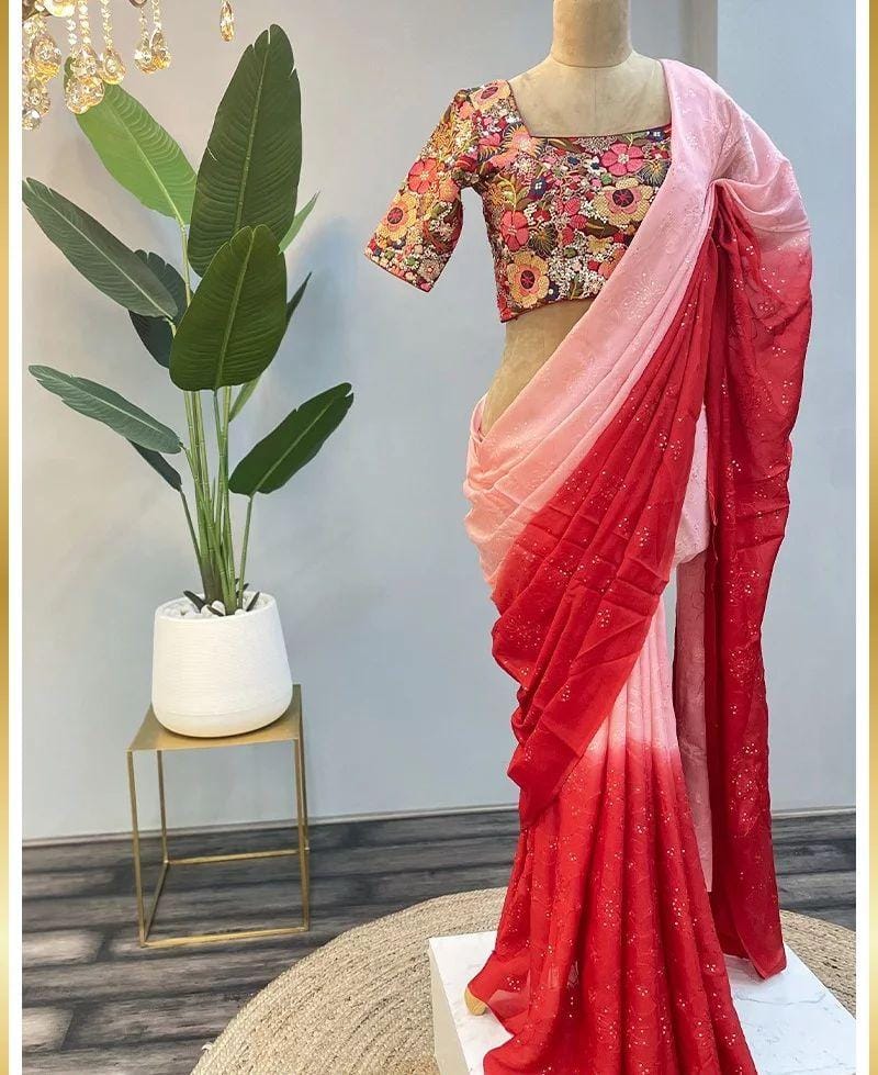 Wedding Wear Red And Peach Color Sarees