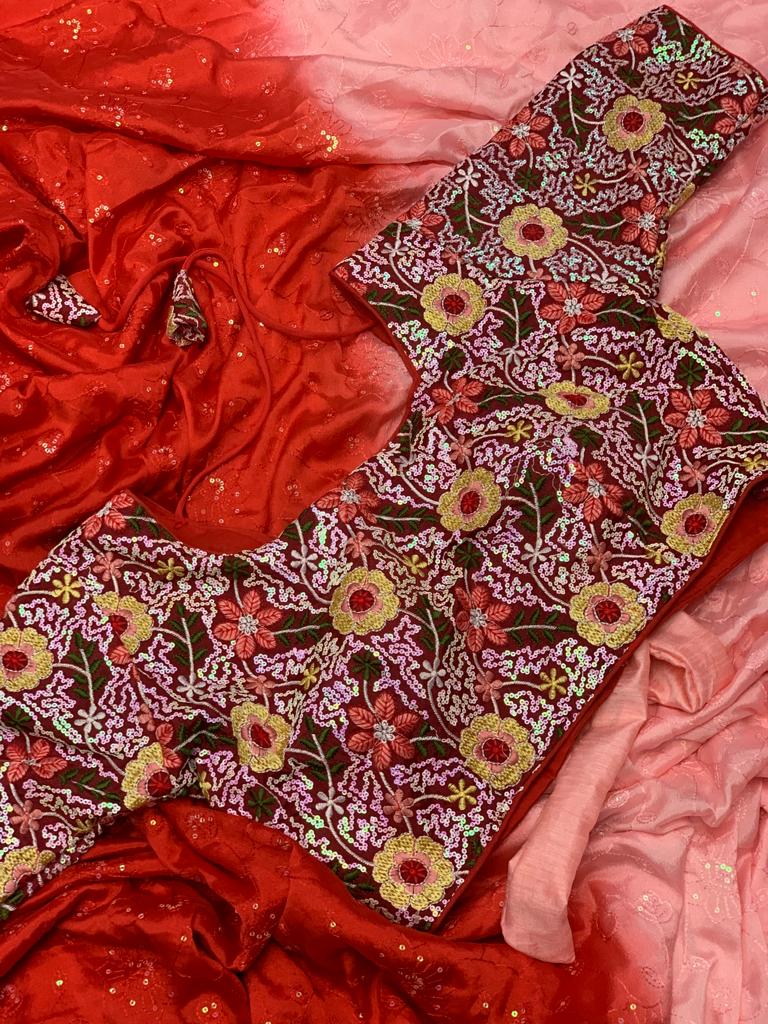 Wedding Wear Red And Peach Color Sarees