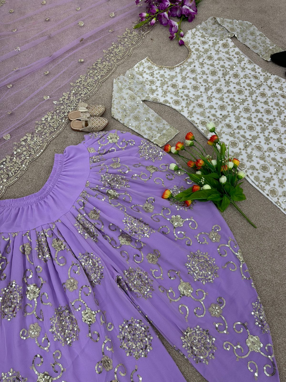 White With Lavender Color Top With Dhoti Suit